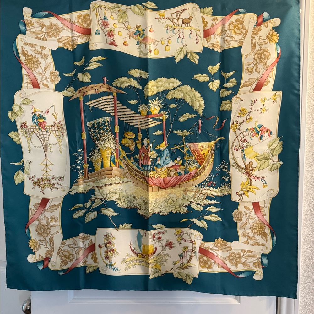 Salvatore Ferragamo Teal and Cream Scarf